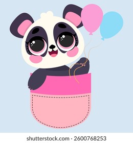 Cute baby panda with big sparkling eyes holding pastel balloons in a pink pocket. Perfect for children's clothing, nursery decor, stickers, birthday cards, and kawaii-themed designs