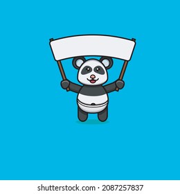 Cute Baby Panda Bring Big Blank Banner. Character, Logo, Icon And Inspiration Design. Vector And Illustration.
