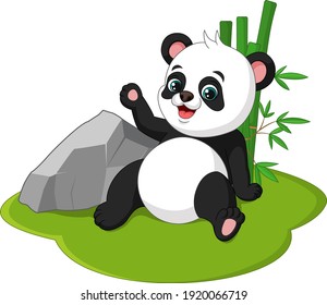 Cute baby panda cartoon sitting in grass