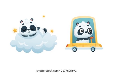 Cute Baby Panda Character Driving Car and Sleeping on Fluffy Cloud Vector Set