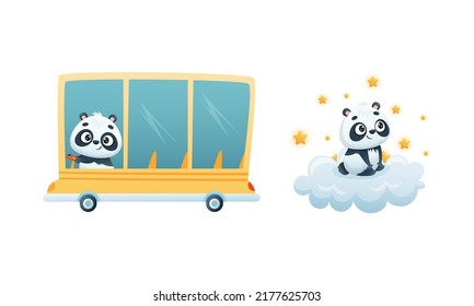 Cute Baby Panda Character Driving Bus and Watching Stars on Fluffy Cloud Vector Set