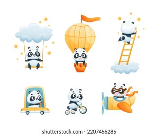 Cute Baby Panda Character Engaged in Different Activity Vector Set