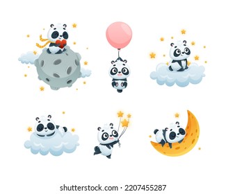 Cute Baby Panda Character Engaged in Different Activity Vector Set