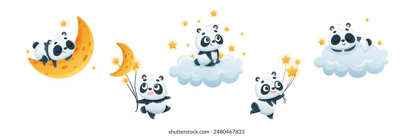 Cute Baby Panda Character Engaged in Different Activity Vector Set