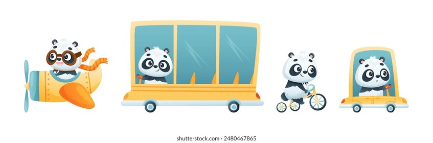 Cute Baby Panda Character Engaged in Different Activity Vector Set