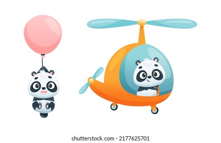 Cute Baby Panda Character Flying Helicopter and with Balloon Vector Set