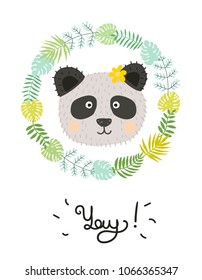 Cute baby panda character. Hand drawn vector illustration. Summer tropical jungle set. Yay