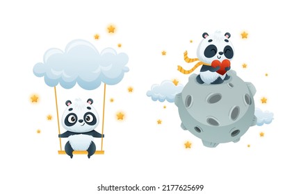 Cute Baby Panda Character Sitting on Moon with Heart and Swinging with Cloud Vector Set