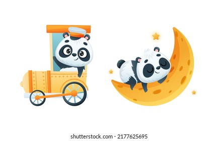 Un personaje de Baby Panda lindo durmiendo en un conjunto de vectores de tren creciente y de conducción