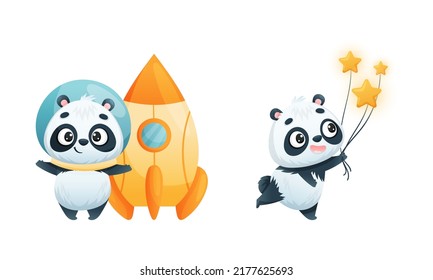 Cute Baby Panda Character in Space Helmet with Rocket and Carrying Stars by String Vector Set