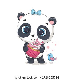 Cabrón panda con quequitos y pájaro. Ilustración vectorial para ducha de bebé, tarjeta de saludo, invitación a fiesta, ropa de moda estampada de camisetas.