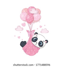 Cute baby panda in diapers on the balloons