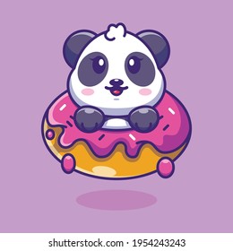 Cute baby panda with doughnut cartoon