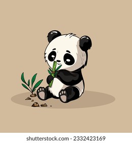 Cute Baby Panda Eat Bamboo Vector Icon Illustration. Panda Mascot Cartoon Character. Animal Icon Concept White Isolated. Flat Cartoon Style Suitable for Web Landing Page, Banner, Flyer, Sticker, Card