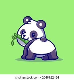 Cute Baby Panda Eating Bamboo Cartoon Vector Icon Illustration. Animal Nature Icon Concept Isolated Premium Vector. Flat Cartoon Style