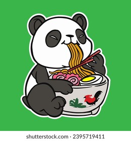 lindo bebé panda comiendo fideos de ramen. ilustración vectorial