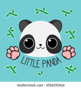 Cute baby panda emblem on blue background with bamboo branches