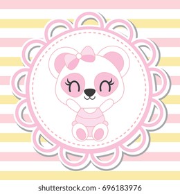 Cute baby panda in flower frame on striped background vector cartoon illustration for baby shower card design, kid t shirt design, and wallpaper