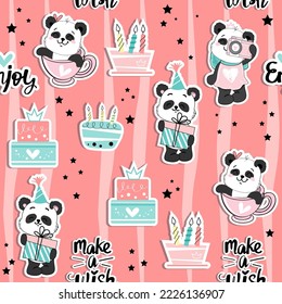 Cute baby panda and gift boxes in kawaii doodle style. Happy Birthday concept. Vector cartoon illustration seamless pattern on a pink background