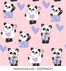 Cute bebé panda y cajas de regalo en estilo doodle kawaii sin fisuras. Feliz cumpleaños. Ilustración de dibujos animados