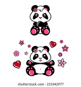 cute baby panda girl with hearts and flowers isolated vector