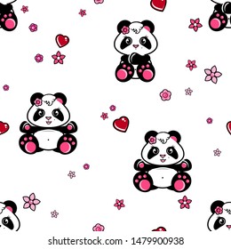 Cute baby panda girl seamless pattern. Kid with hearts and flowers. Isolated animal character design. Best for textile, clothes, package. Eps10 vector illustration.