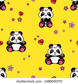 Cute baby panda girl seamless pattern. Kid with hearts and flowers. Isolated animal character design. Best for textile, clothes, package. Eps10 vector illustration.