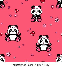 Cute baby panda girl seamless pattern. Kid with hearts and flowers. Isolated animal character design. Best for textile, clothes, package. Eps10 vector illustration.
