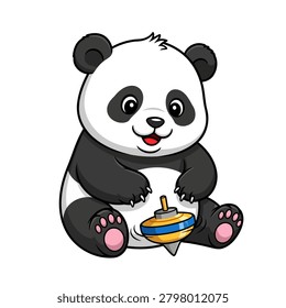 A cute baby panda has big, friendly black eyes and a small, red tongue sticking out as it sits. It has no outline. Both of its hands are interacting with a blue and gold spinning top. Flat vector mascot design
