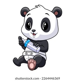 Cute baby panda holding bottle of milk