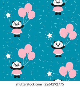 Cute baby panda little girl seamless vector pattern with balloon and star