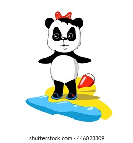 Cute baby panda on the beach with sea wave and sand, vector illustration in cartoon doodle style. Hand-drawn character for nursery art, summer vacation travel story. Little bear on seaside image