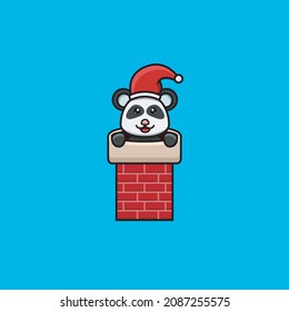 Cute Baby Panda on chimney house and Wearing Santa Hat. Character, Logo, Icon And Inspiration Design. Vector And Illustration.