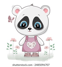 Cute baby panda on the lawn. Drawn cartoon character. Vector panda animal. Panda with flowers.