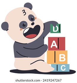 Cute baby panda play with ABC toys vector cartoon character illustration isolated on a white background.