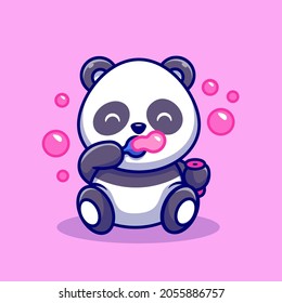 Cute Baby Panda Playing Soap Bubble Cartoon Vector Icon Illustration. Animal Nature Icon Concept Isolated Premium Vector. Flat Cartoon Style