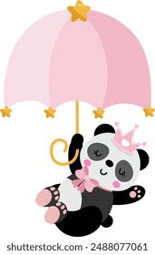 Cute baby panda princess flying with a pink umbrella
