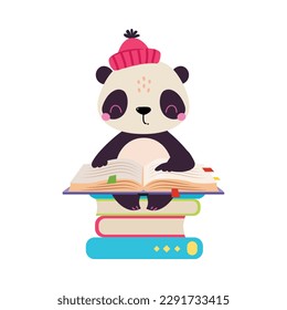 Cute baby panda reading book. Funny smart wild animal character in red knitted cap sitting with book cartoon vector illustration