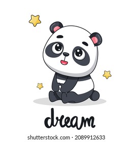 El bebé panda lindo se sienta entre las estrellas, mira hacia arriba. Una mirada soñadora. Postal con caricatura al estilo kawaii. Vector de diseño, carteles, libros y patrones infantiles