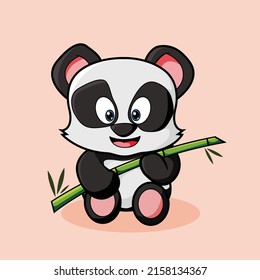 cute baby panda sitting with a bamboo cartoon illustration