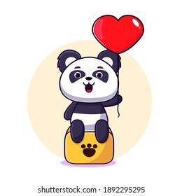 cute baby panda sitting on a bench holding a love balloon, baby panda vector,sitting cute panda for logo