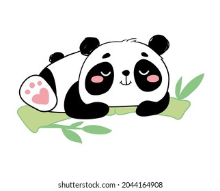 Cute baby panda is sleeping on the bamboo. Vector illustration, funny animal print.