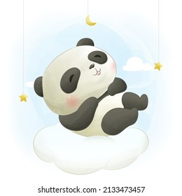 Cute baby panda sleeping on the cloud watercolor hand drawn illustration
