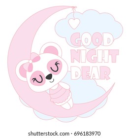 Cute baby panda sleeps on moon vector cartoon illustration for baby shower card design, kid t shirt design, and wallpaper