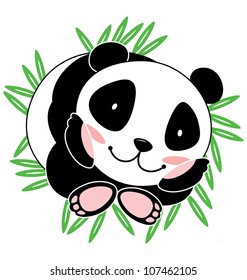 A cute baby panda smiling with lots of bamboo leaf at the background.