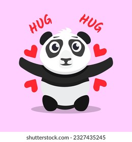 cute baby panda standing, spreading his arms for a hug. Postcard for childrens design. vector flat cartoon happy panda.