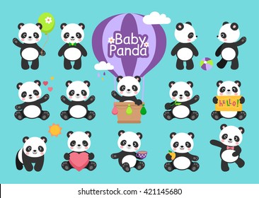 Cute baby panda in various expression and positions in cartoon style.  svg