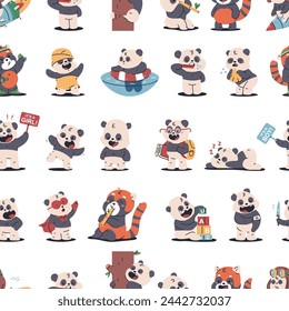 Cute baby panda vector cartoon seamless pattern background for wallpaper, wrapping, packing, and backdrop.