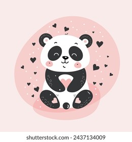 Cute baby panda. Vector illustration of happy character with hearts in cartoon style isolated on pink background.