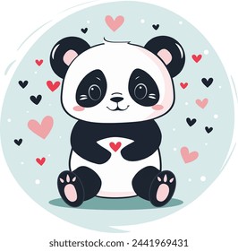 Cute baby panda. Vector illustration of happy character with hearts in cartoon style isolated on blue background.